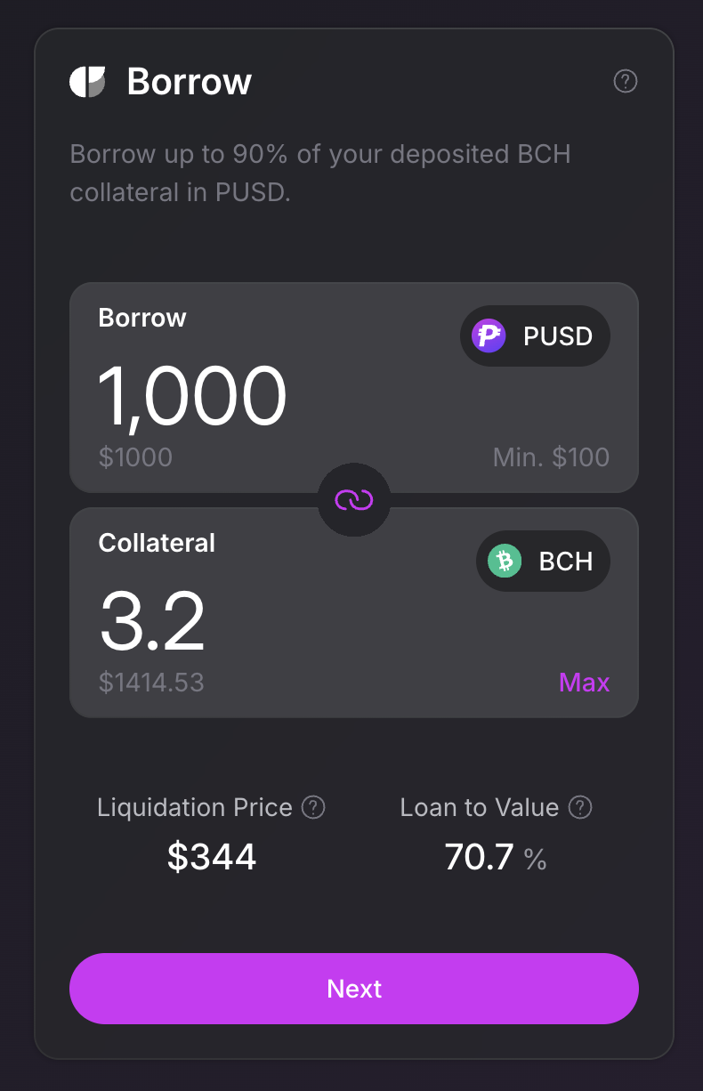 Borrow step 1 — collateral and amount input