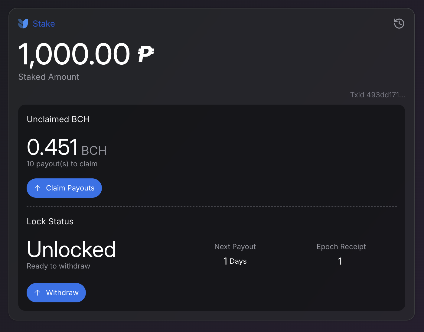 Stake detail page with claimable payouts